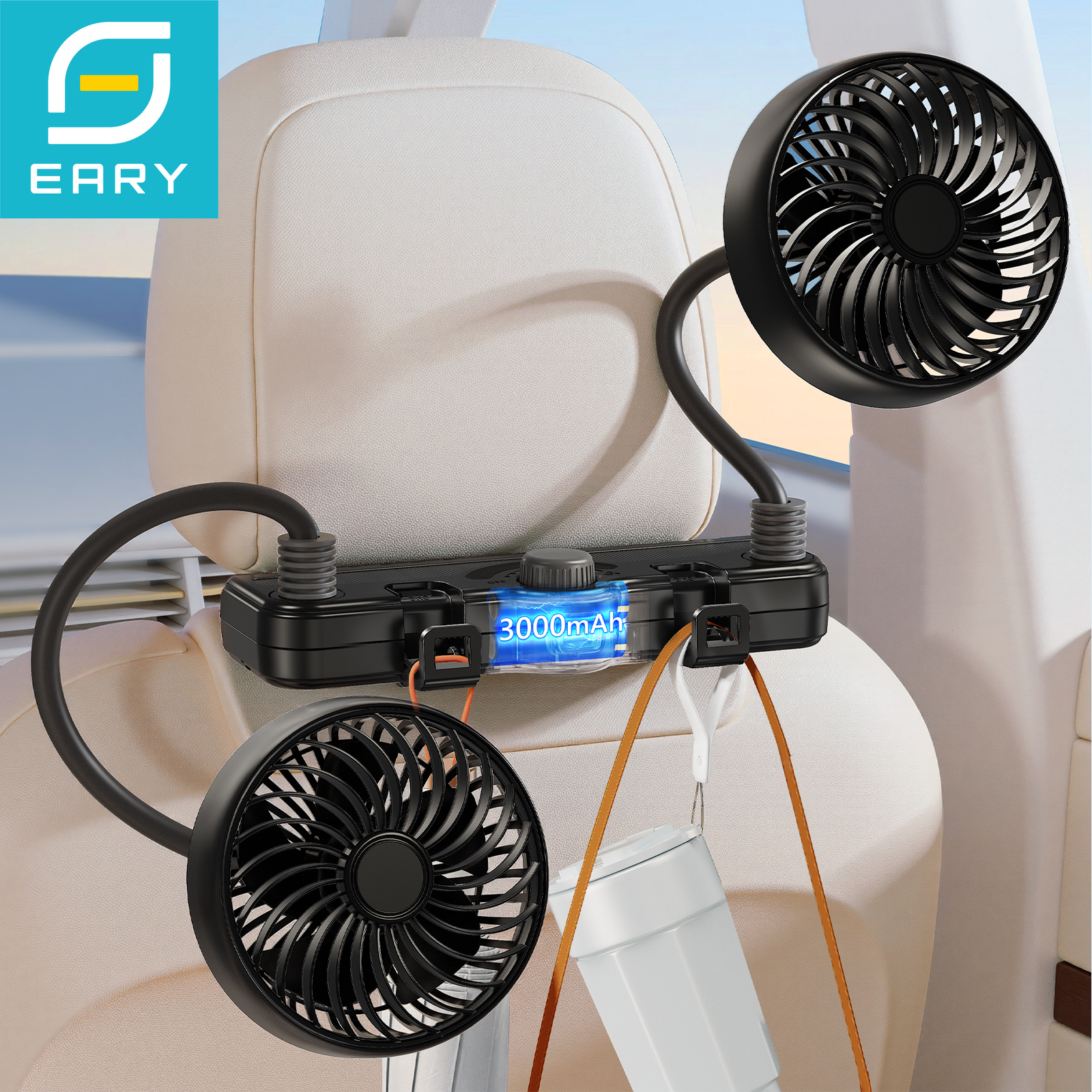 Eary デュアルヘッド車のヘッドレストホースファン USB 充電式 3000mAh 360 度回転冷却ファン後部座席用子供用エアクーラーセダン SUV