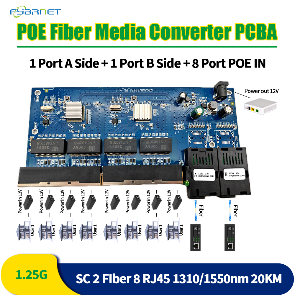 Reverse POE 100/1000M 2Fiber 8RJ45 Fiber Optical Media Converter Gigabit PCBA Fiber Optical PCBA Board