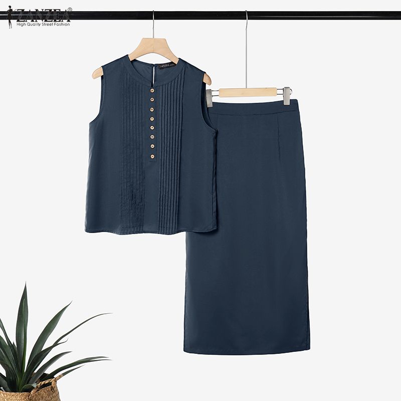 ZANZEA 2 個女性ドレスセット夏のノースリーブタンクトップ A ラインミディスカートスーツカジュアル OL 作業服ソリッドカラー 2 個セット