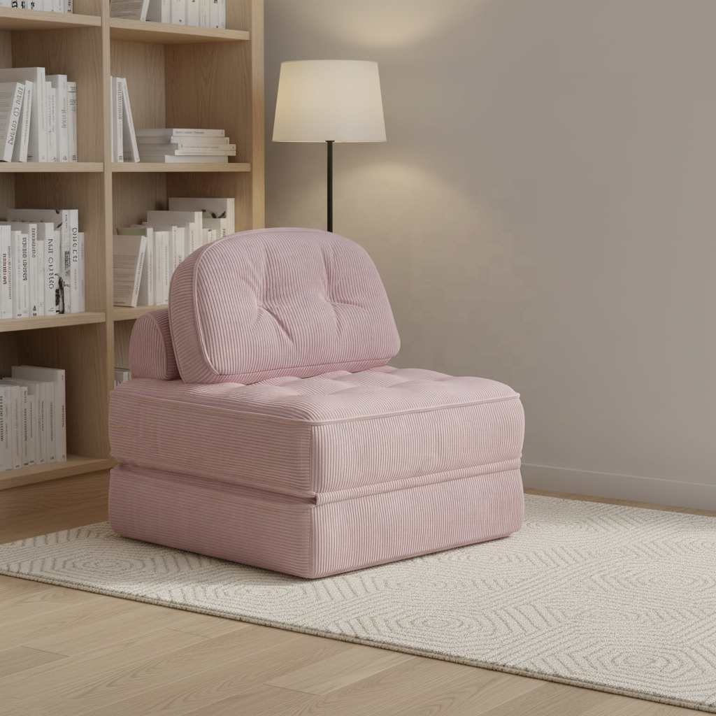 #Pink Plush Corduroy Foldable Sofa Bed Vacuum Packed Cozy Seating Converts to Bed Shipping Friendly for Home Apartment