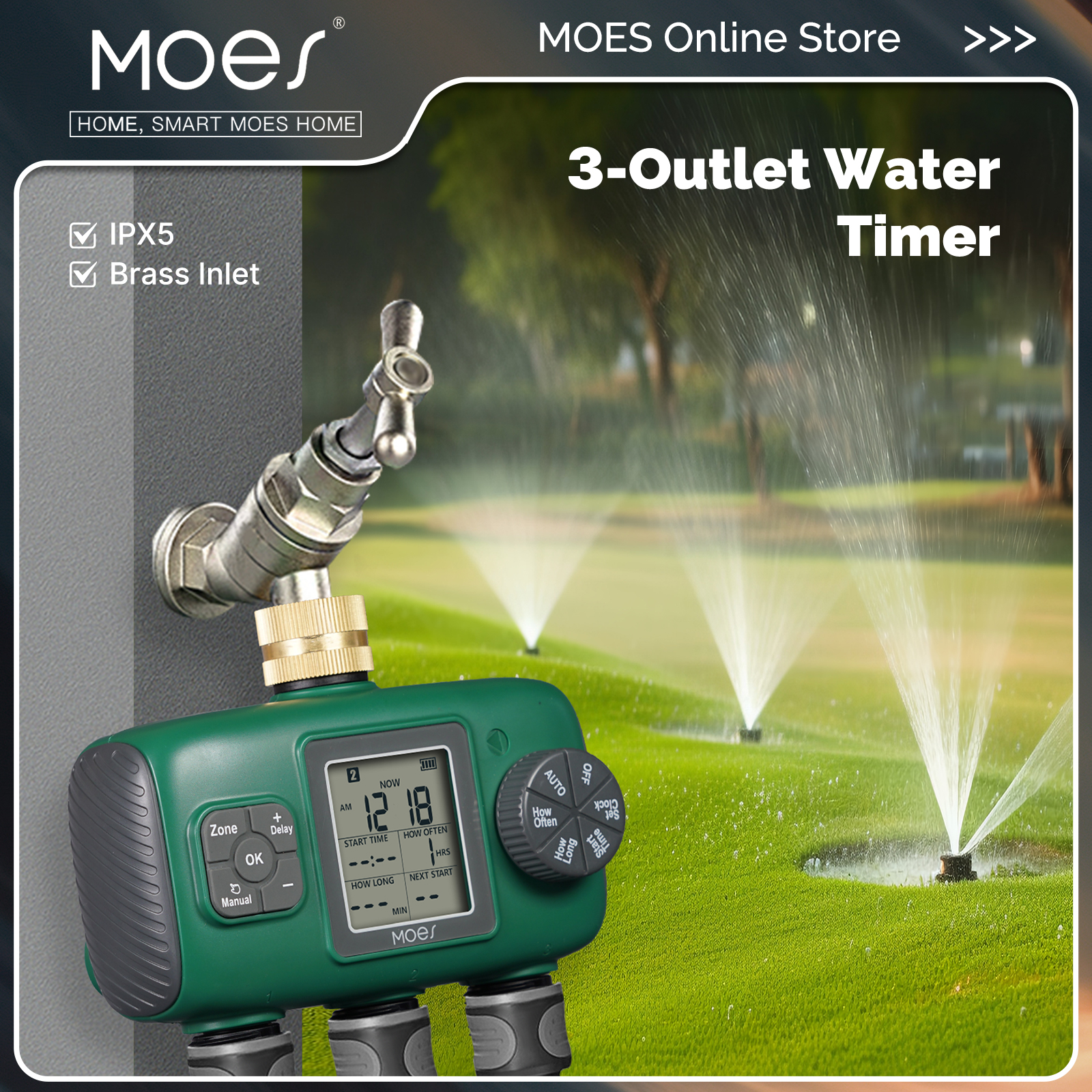 MOES 3 出口スマートウォータータイマー真鍮入口 IPX5 防水ノブボタン自動灌漑 LCD 表示画面ガーデンスプリンクラー