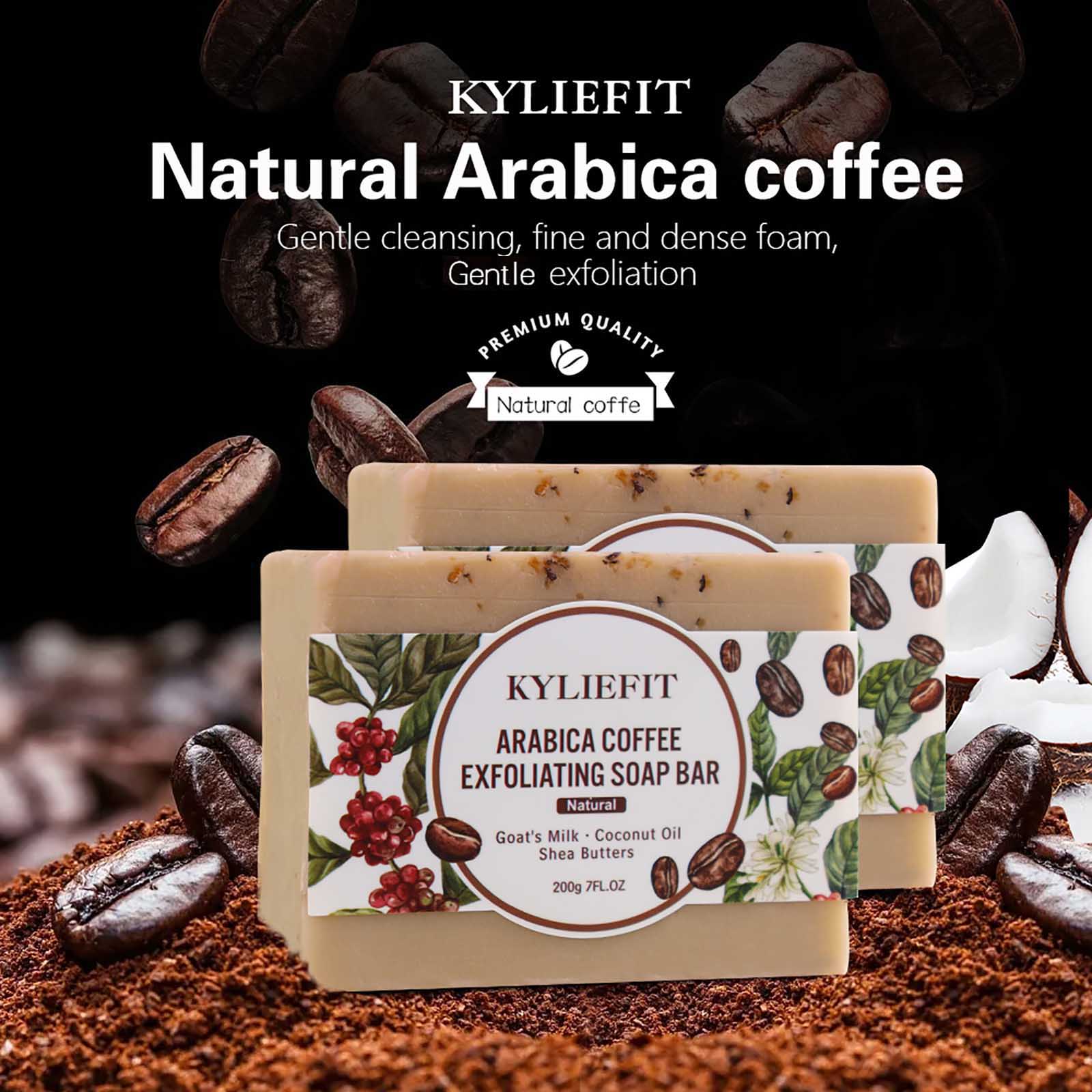 KYLIEFIT アラビカコーヒー角質除去ソープ、美白、シミ軽減、滑らかな肌、ココナッツオイル、シアバター配合、顔、体用