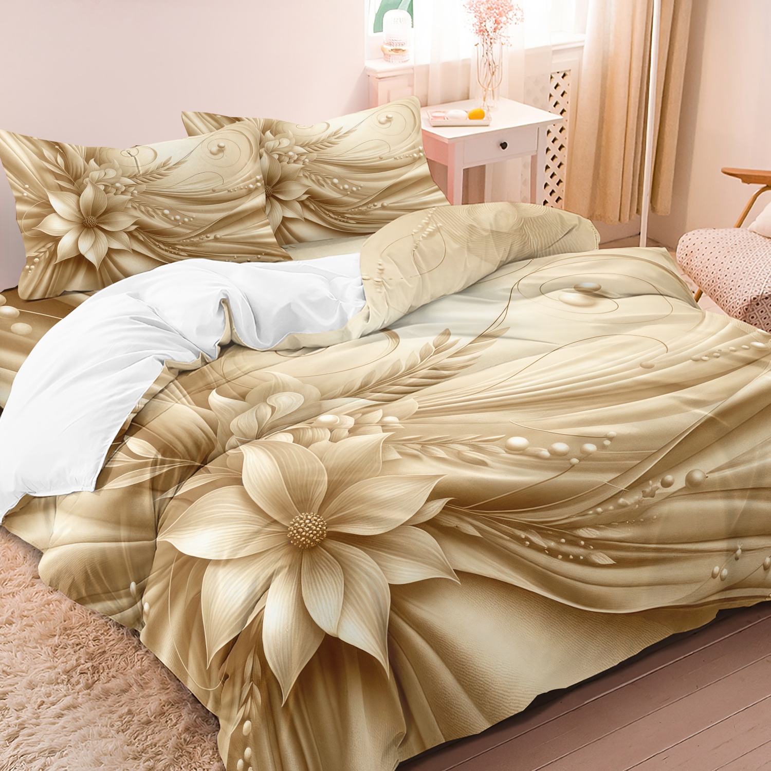 シャンパンゴールドの花柄プリント掛け布団カバー3点セット、エレガントな花柄寝具、家族の寝室、ホテル、寮に最適