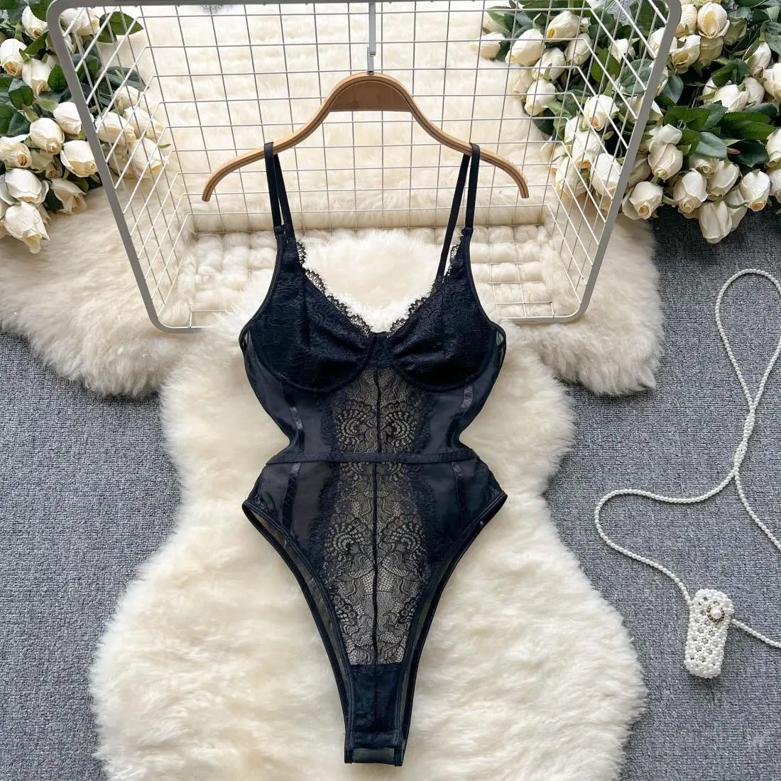 Hotsweet V-neck Elegant Sleeveless Chic Lace Covered Buttons Backless Bodysuits Straps Top Sexy High Street Autumn Jumpsuit