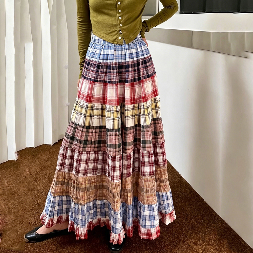 ハイウエストチェック柄パッチワークティアードマキシスカート女性ヴィンテージフリル裾ロングAラインカジュアルチェックスカート
