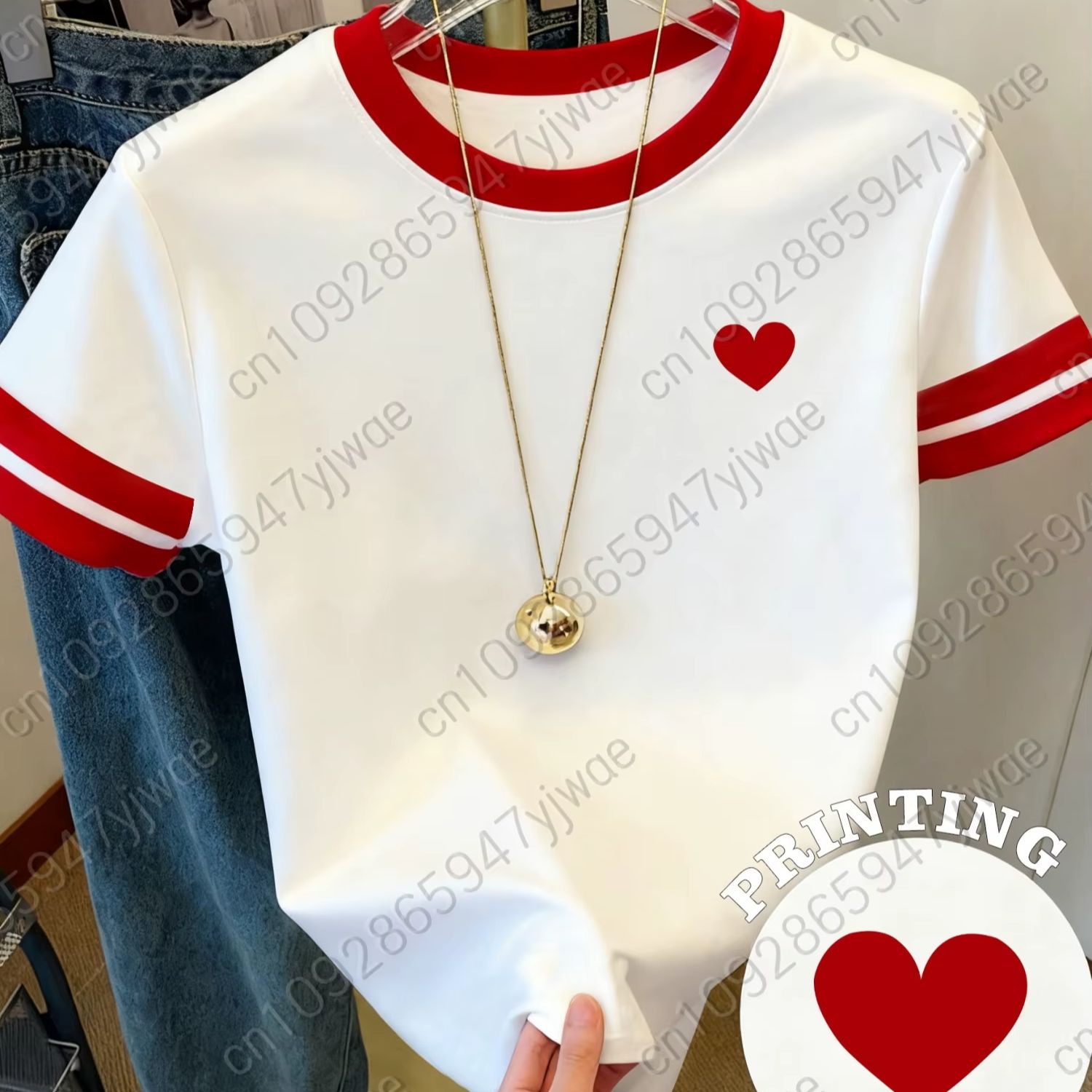 レディース半袖バレンタインデー版レッドハートプリント Tシャツガールラウンドネック Tシャツアウトドアスポーツプラスサイズ婦人服