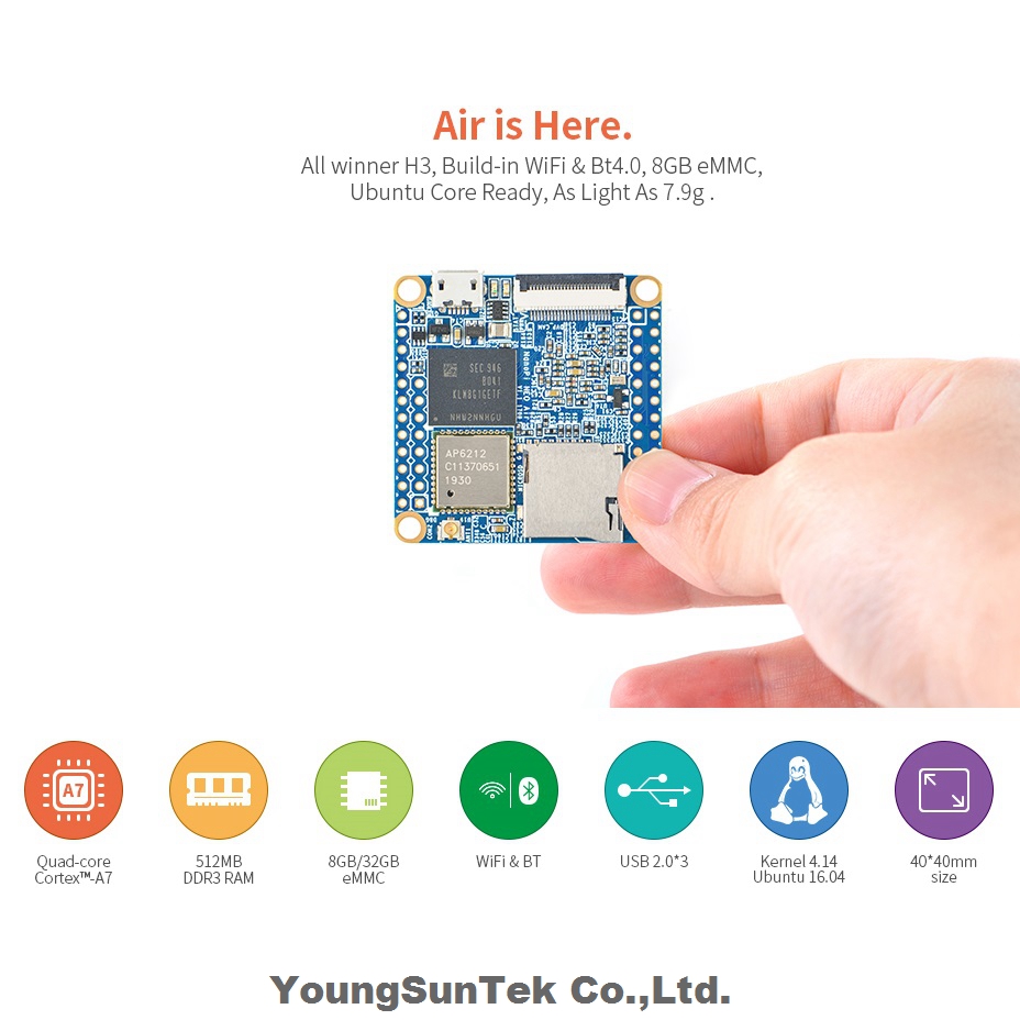 NanoPi Neo Air LTS 512M RAM/8G EMMC YoungSunTek Allwinner Quad CortexA7、1.2GHz、OpenWRT、Wifi