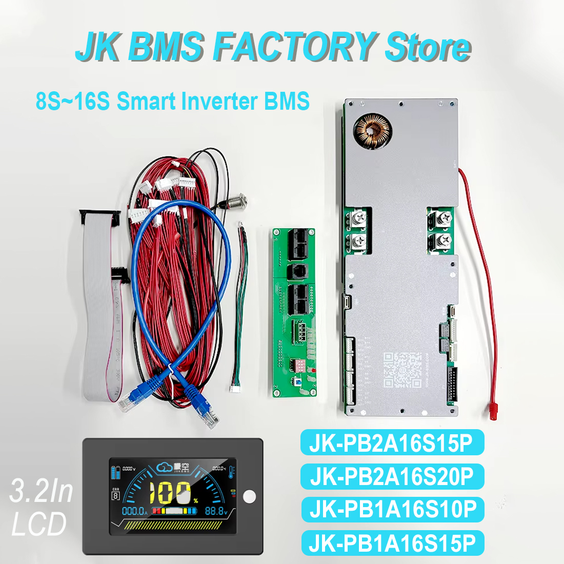 JIKONG BMS JK-PB2A16S20P 3.2 インチディスプレイ家族エネルギー貯蔵 BMS 100A 150A 200A 家庭用エネルギーインバーター BMS アクティブバランサー