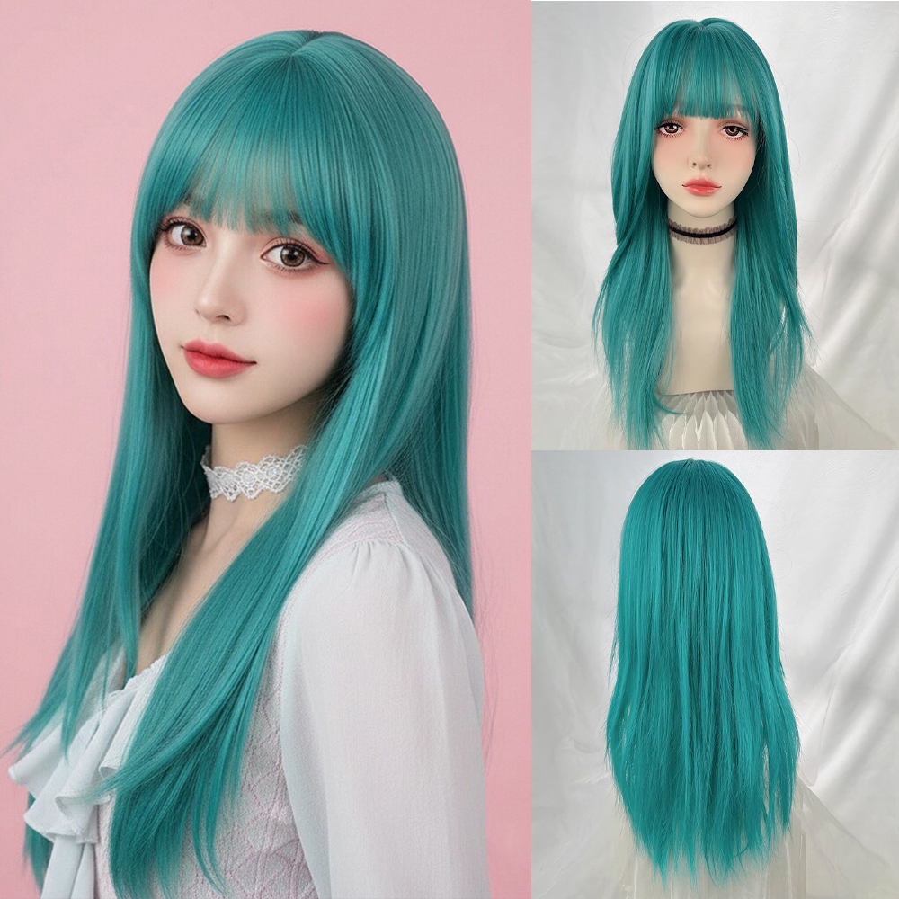 合成ロングストレート青緑コスプレウィッグ前髪付き女性のためのデイリーロリータパーティーコスプレ偽毛耐熱