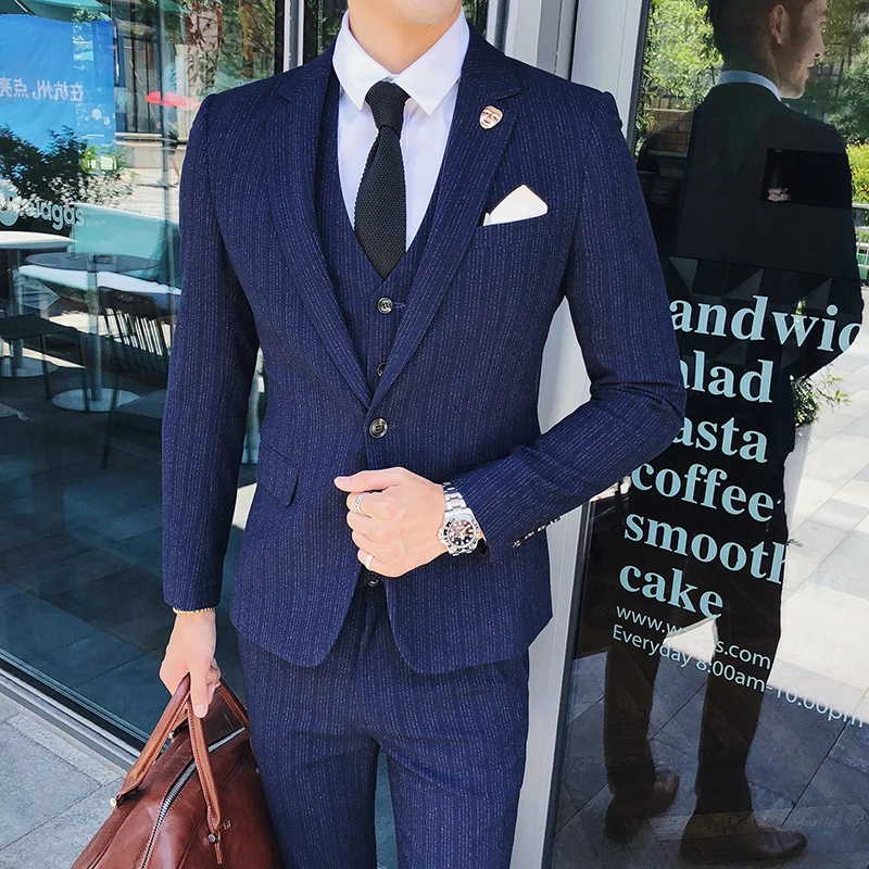 スーツ新スタイル (ブレザー ベスト パンツ) メンズ ファッション ビジネス ストライプ スリム フィット紳士結婚式カジュアル英国スタイル ワーク スーツ