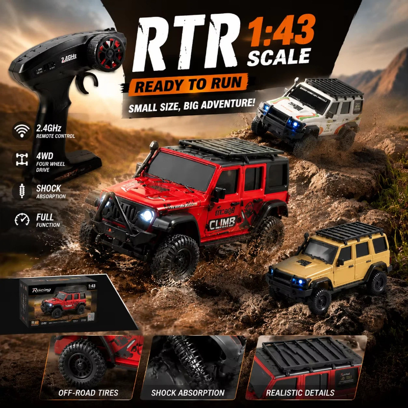 在庫あり HuangBo 1:43 4WD RC ロッククローラーカー子供用、完全比例オフロード、デュアルシェル、ショックアブソーバーモデル