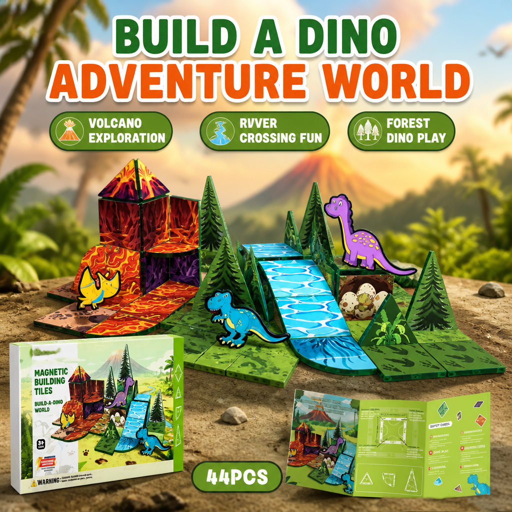 恐竜磁気ビルディングブロック、44個、クリエイティブ3Dタイルセット、STEM教育玩具、子供の誕生日ギフト。