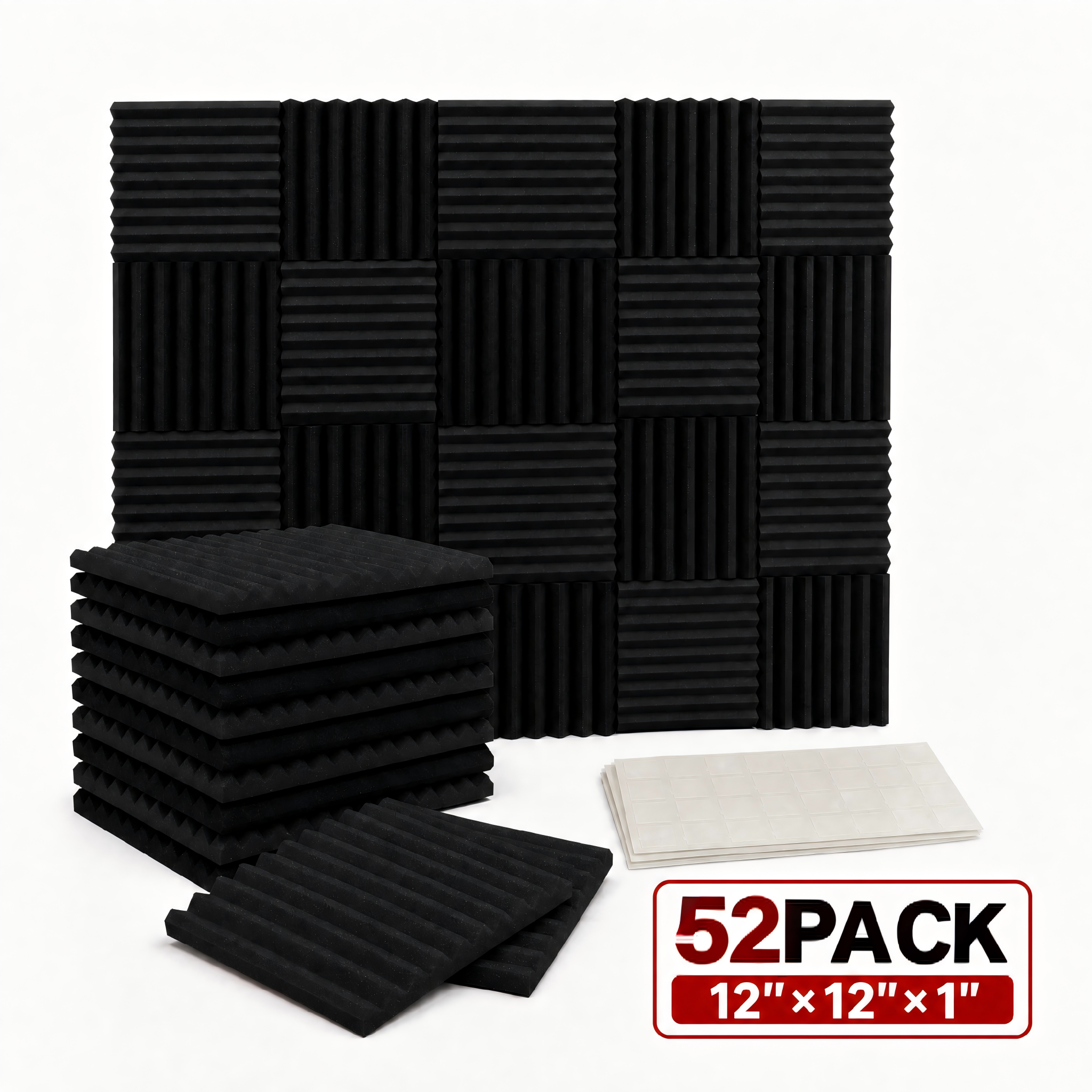 52パック ブラック音響フォームパネル 1インチ x 12インチ x 12インチ 防音フォームパネル 防音ノイズキャンセリングウェッジパネル ホームオフィスレコーディングスタジオ用 260枚両面接着剤付き
