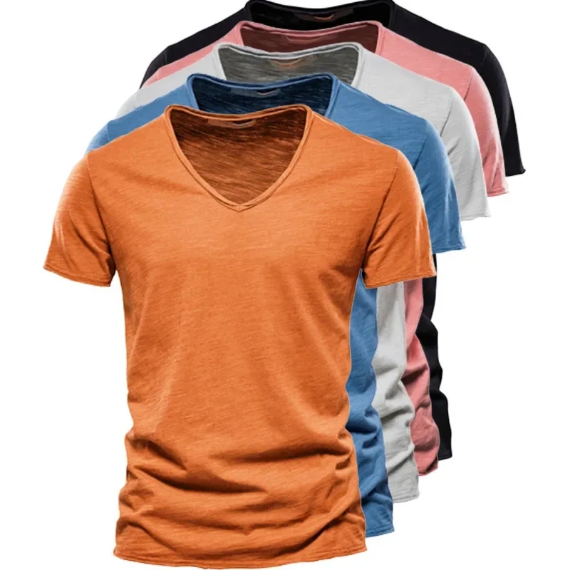 2025 新ブランド品質綿 100% 男性 Tシャツ V ネックファッションデザインスリムフィット Tシャツ男性トップス Tシャツ半袖 Tシャツ男性