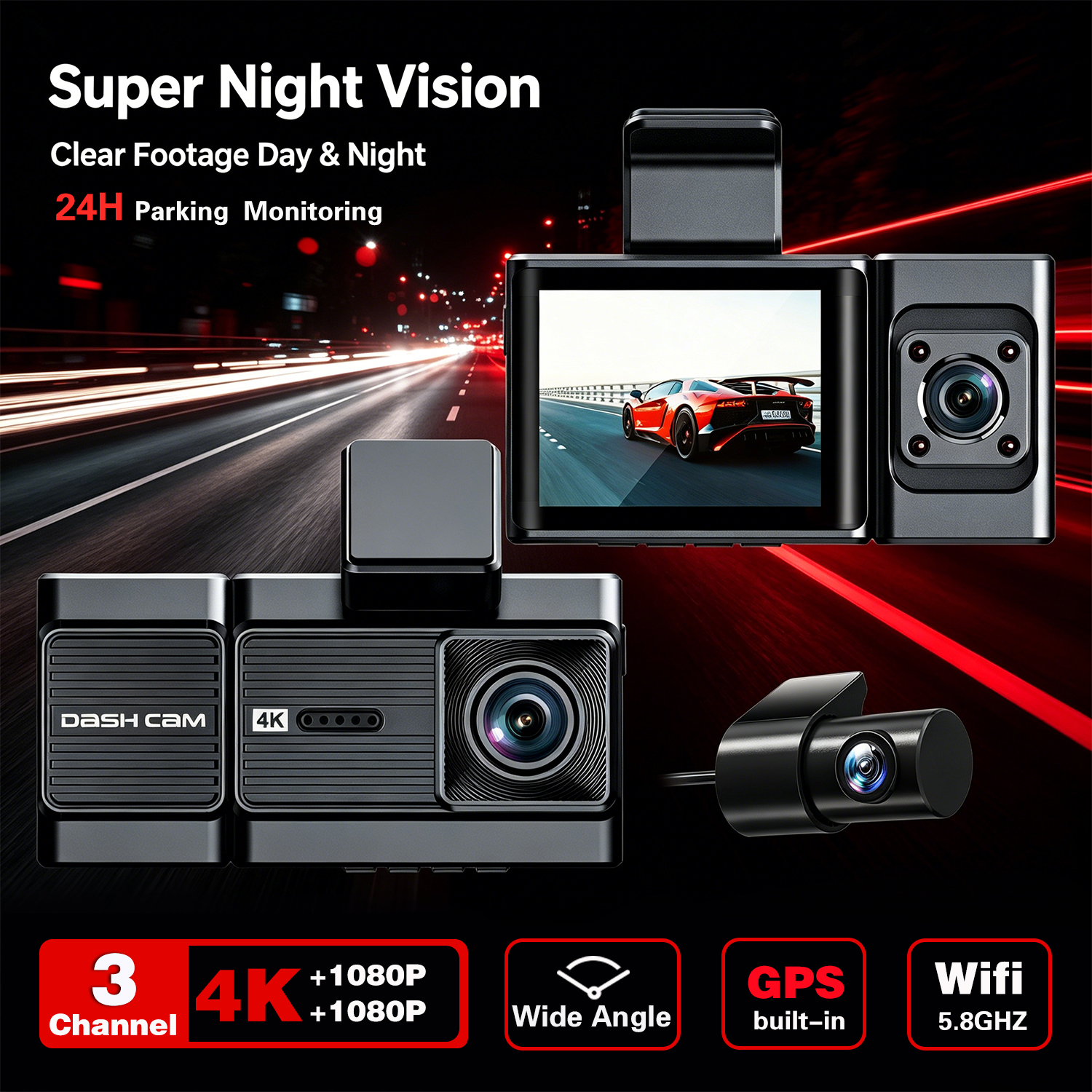 DT-NAVI A6703Pro ダッシュカム 3チャンネル フロント 4K リア 1080P インテリア 1080P HDR 車 DVR ドラレコ GPS WiFi 24H 駐車モニター