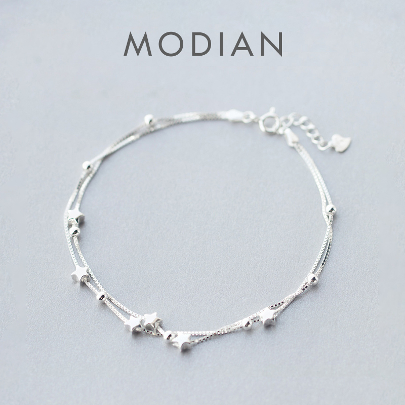Modian 新二重層ビーズスターアンクレット女性のための本物の 925 スターリングシルバーファッション足脚チェーンリンクファインジュエリーギフト