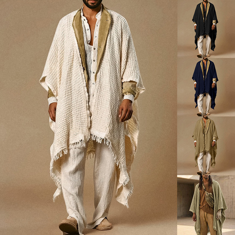 Vintage Mens Solid Color Loose Capes Casual Breathable Shawl Cardigans Men 2026 Summer Boho Retro Tassel Design Cardigan Tops