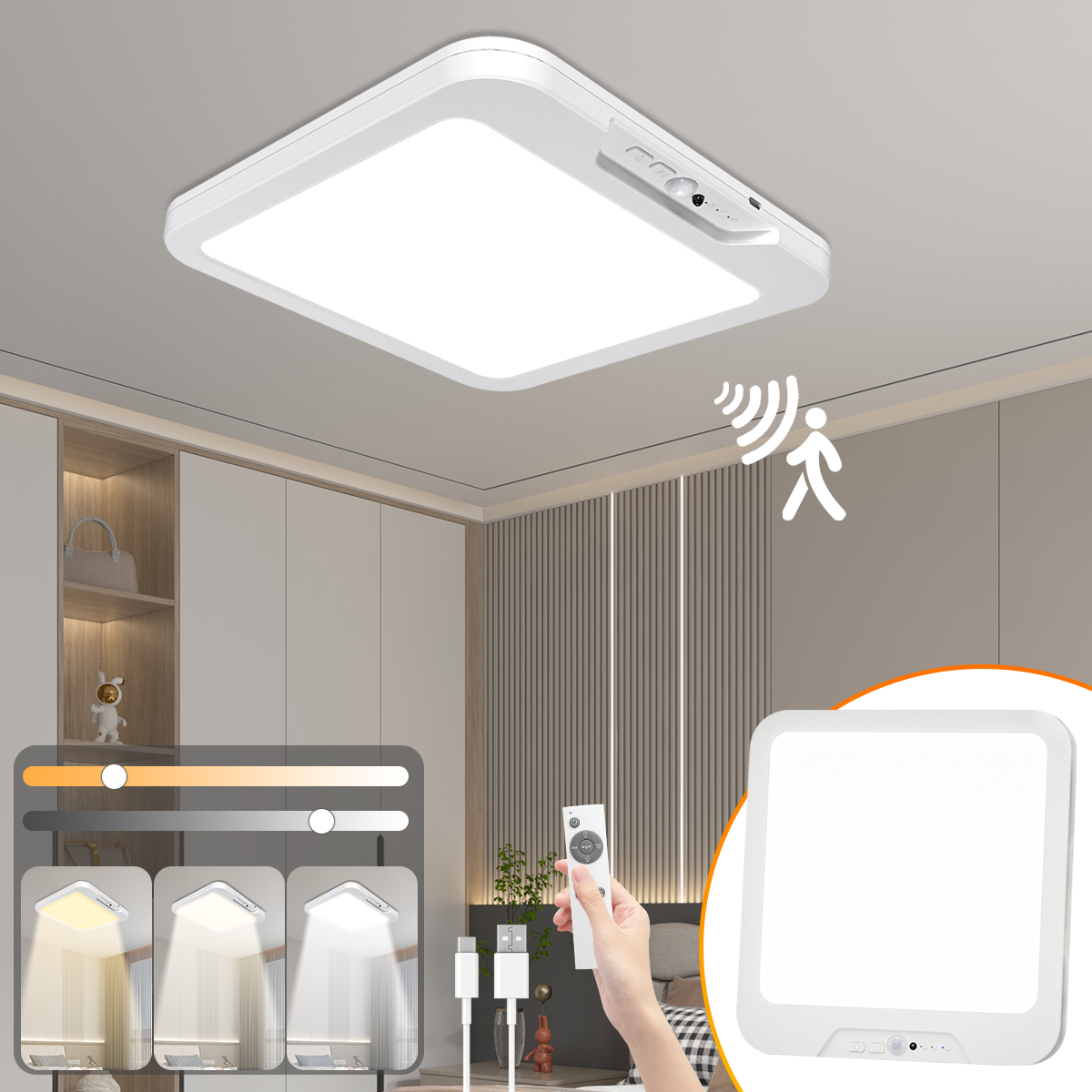 充電式モーションセンサーシーリングライト、リモコン付き、3色温度、タイマーワイヤレスマウントLEDシャワー照明、屋内用