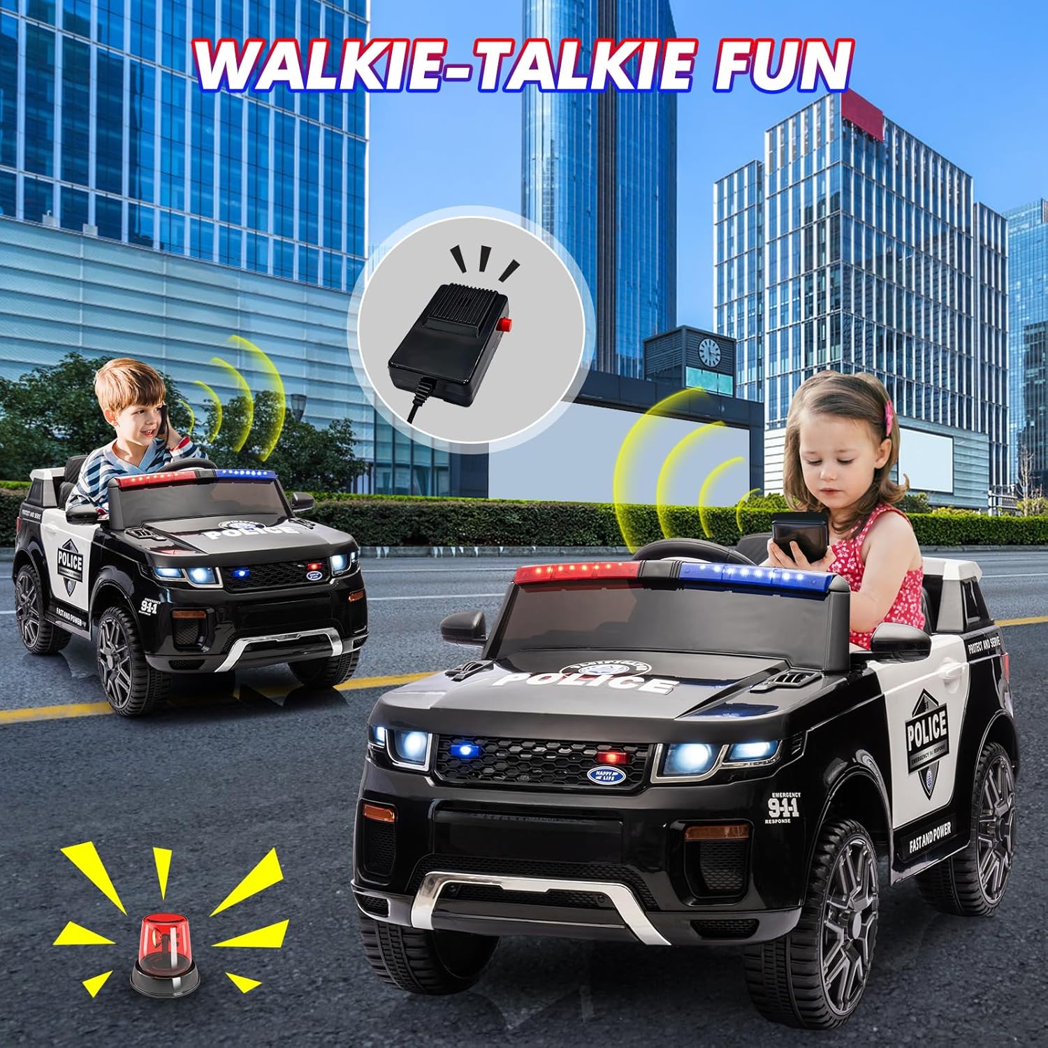 12V 乗用トラック パトカー 子供用 幼児用電気自動車 リモコン付き インターホン 点滅 LED ライト ハンドル 音楽