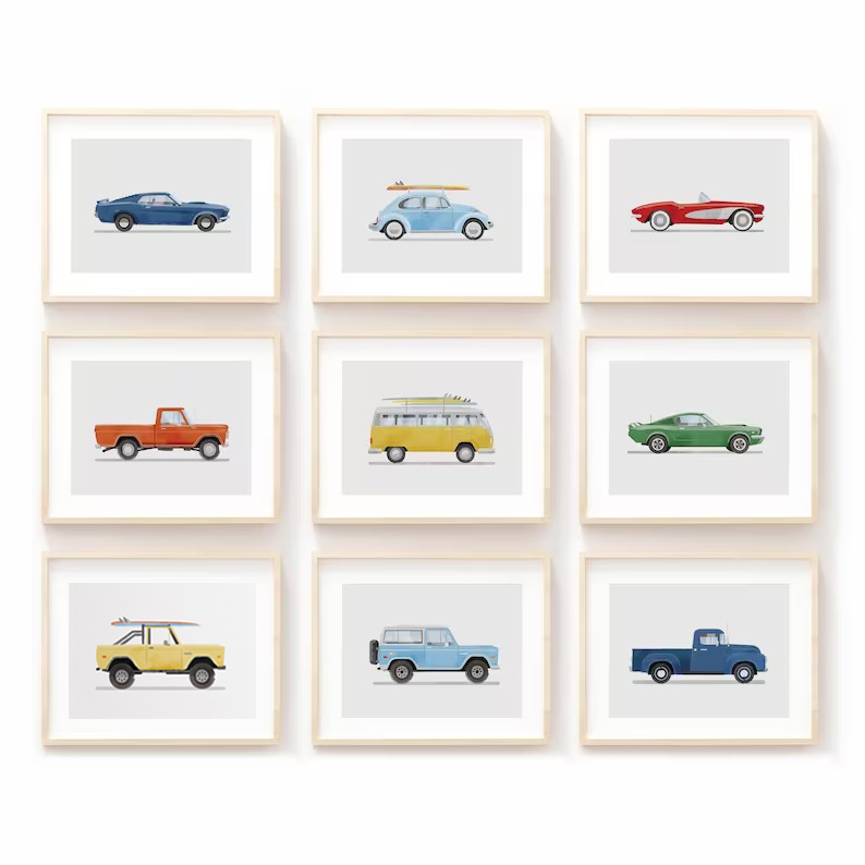 水彩レトロおもちゃの車サーフバスオフロード車トラック車両ポスターキャンバス絵画の壁の写真ホーム保育園子供の部屋の装飾