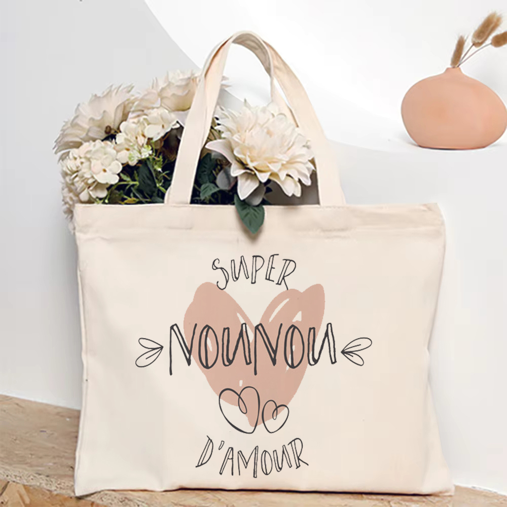 Merci Nounou フレンチプリント女性ショルダーバッグキャンバストートバッグ女性ハンドバッグ再利用可能なショッピングバッグ Nounou への最高のギフト
