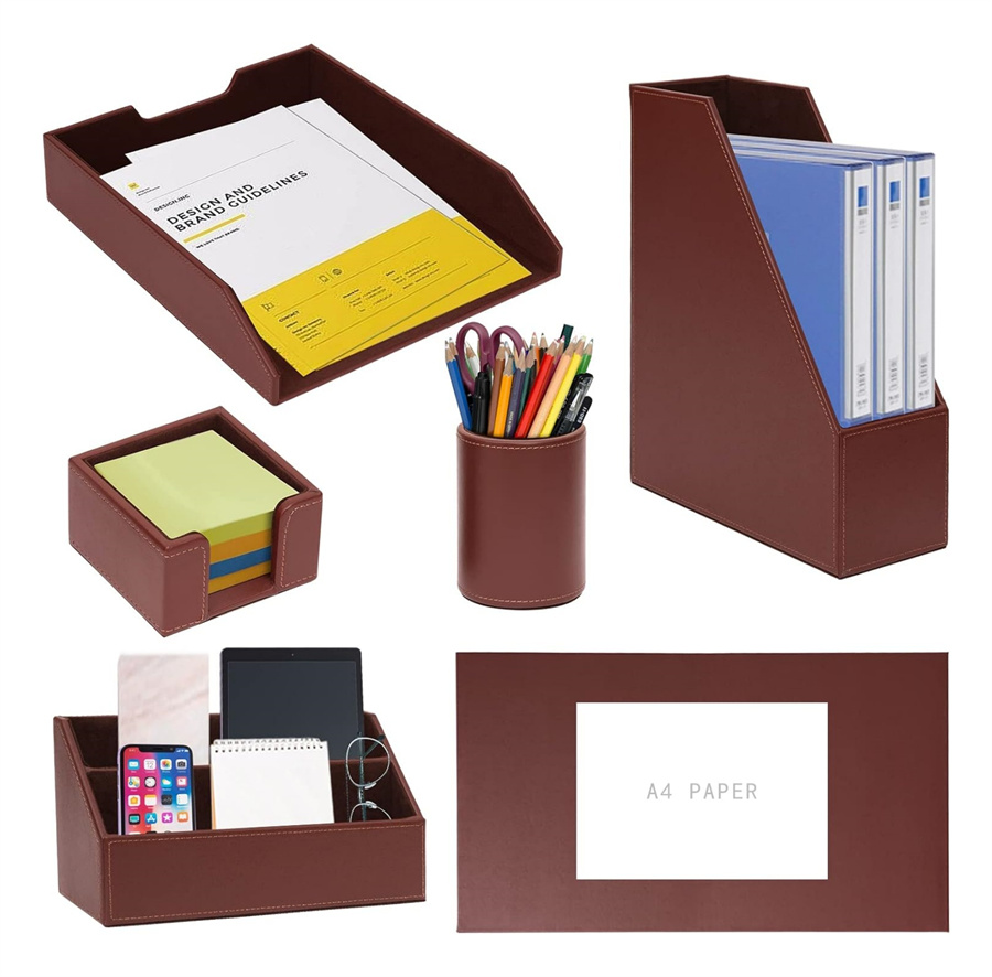 Office Supplies/Desk Organizer Set Desktop Leather Writing Pad File Paper Tray Magazine Folder Pen Sticky Note Holder