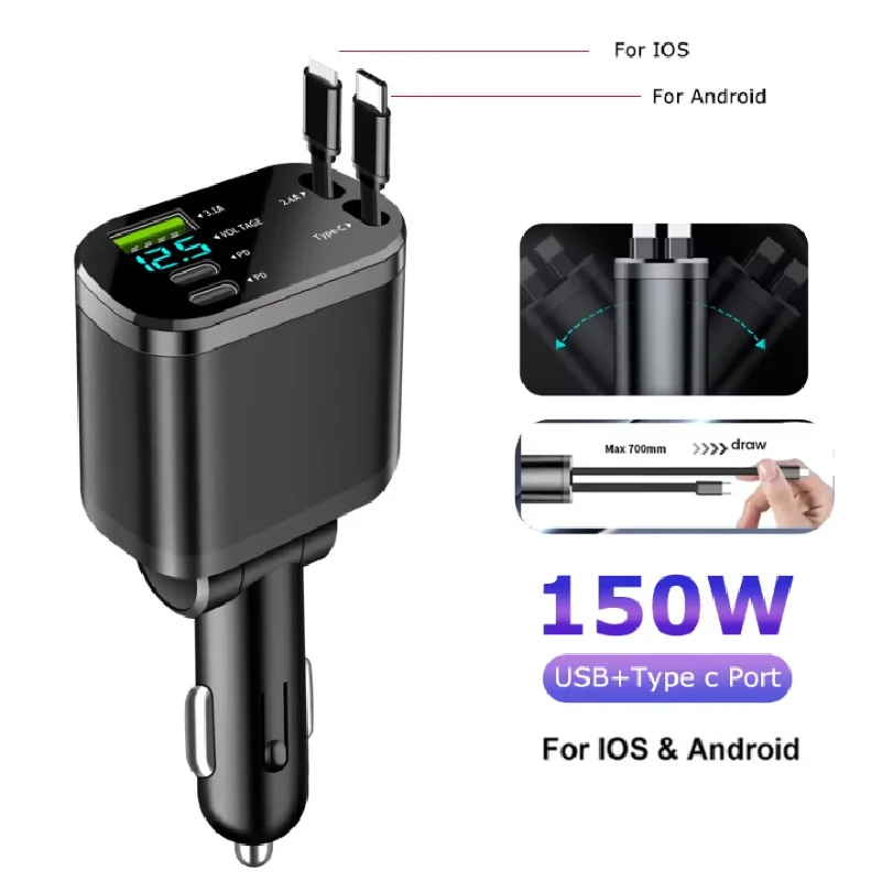 5 in 1 150W 車の充電器電圧表示 PD30W 超高速充電 22.5W iPhone Xiaomi Samsung 用格納式ケーブル付き