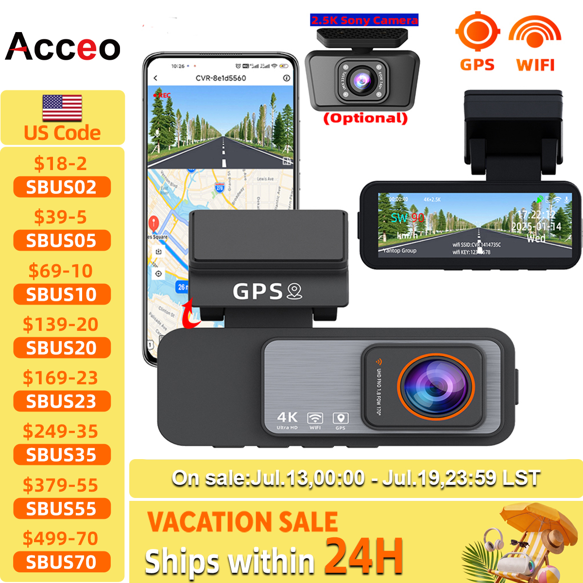 ダッシュカム 4K UHD 録画車カメラ DVR ナイトビジョンビデオレコーダー GPS Wi-Fi サポートデュアルレンズルーム 2.5K リアビューカメラ