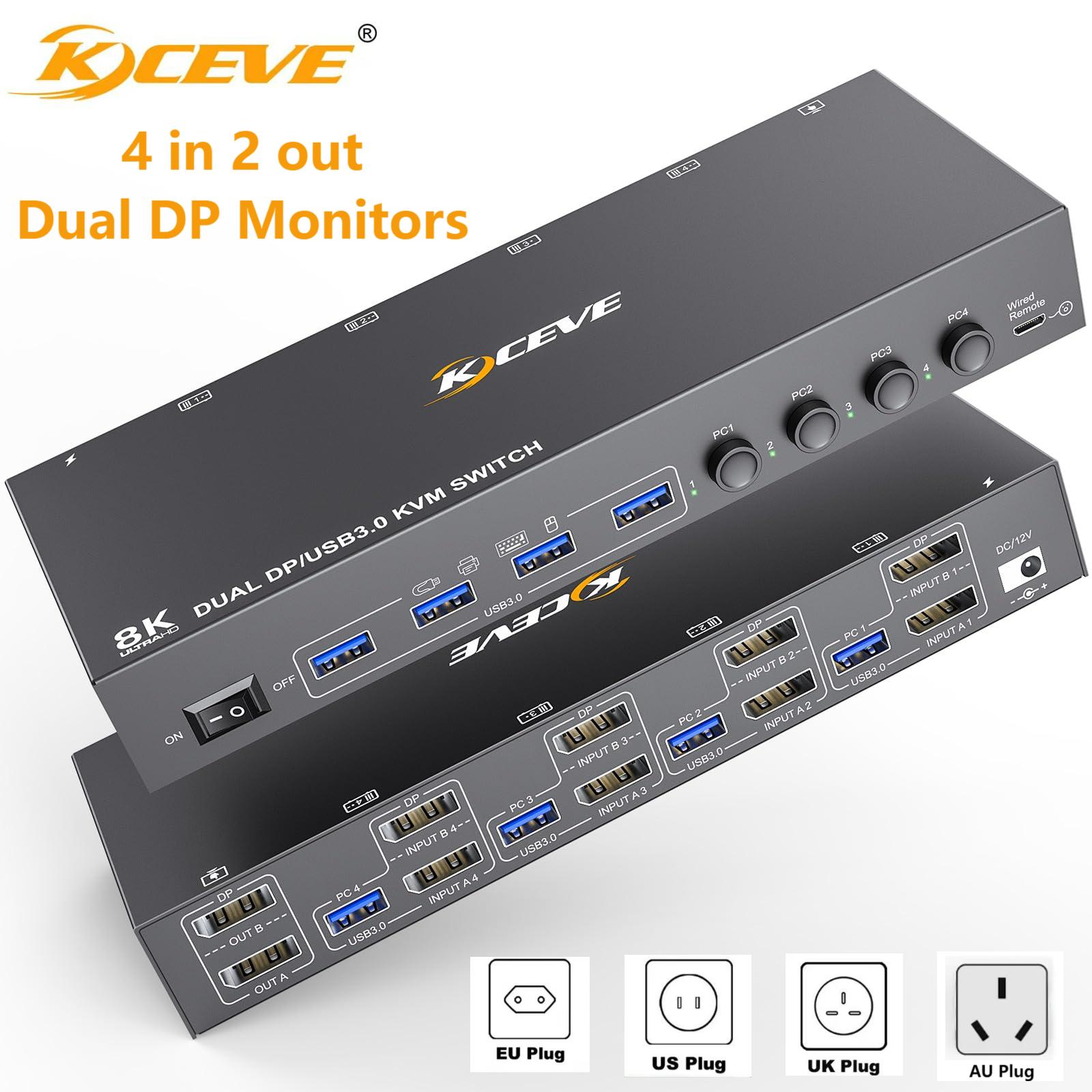 8K DisplayPort KVM スイッチ 2 モニター 4 コンピューター、KCEVE デュアルモニター KVM スイッチ DP USB3.0、サポート 4k@144Hz、4 台の PC 共有 2 ディスプレイ用