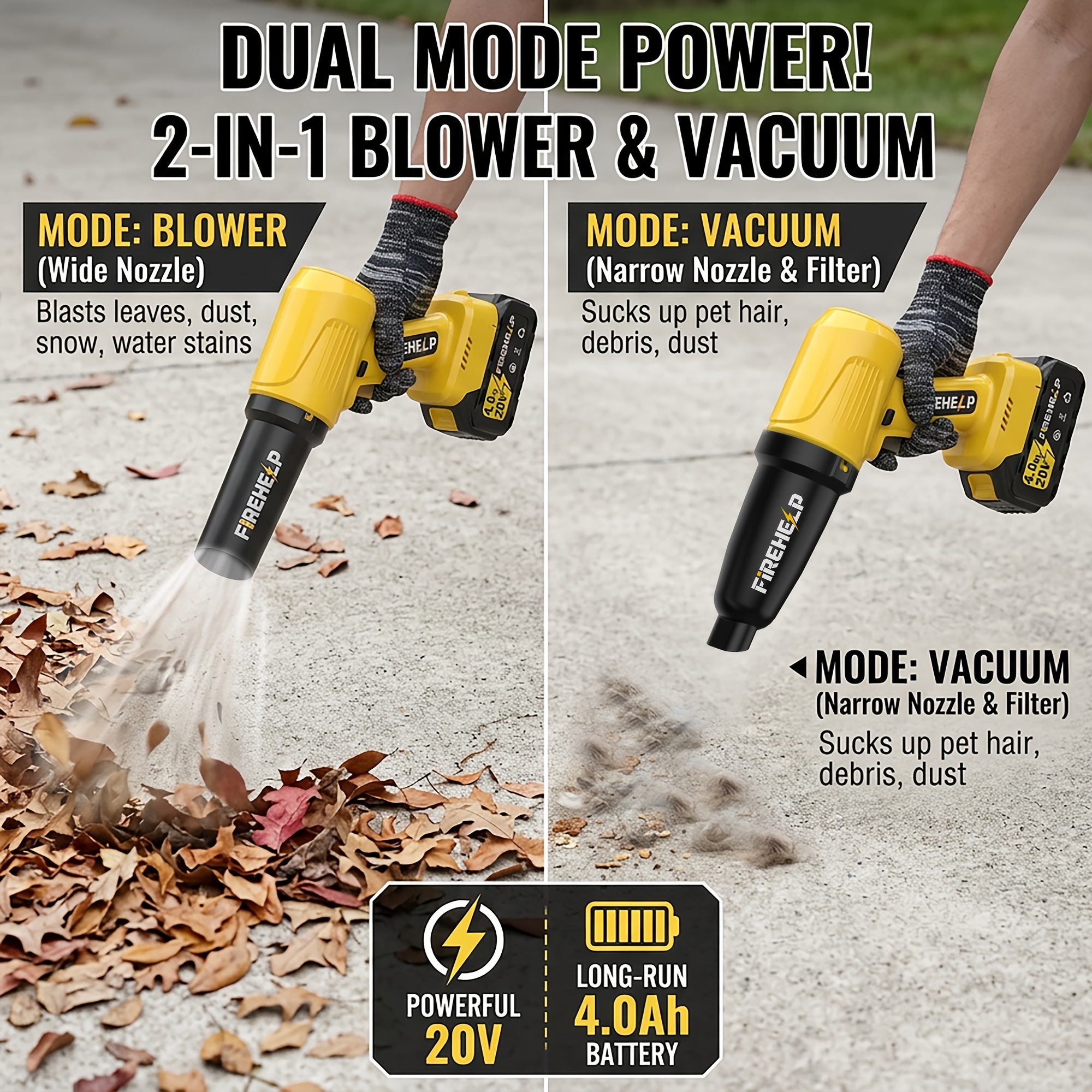 新しい 2-in-1 20V ジェット ドライヤー/掃除機、強力な送風機と掃除機、手持ち式掃除機、2*2AH バッテリー、低騒音動作