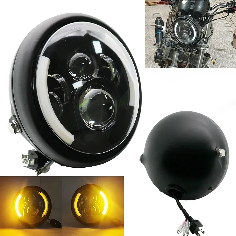 オートバイ 7.5 インチ LED ヘッドライトハーレーチョッペボバーストリートトラッカーヤマハホンダスズキカフェレーサーオートバイヘッドランプ