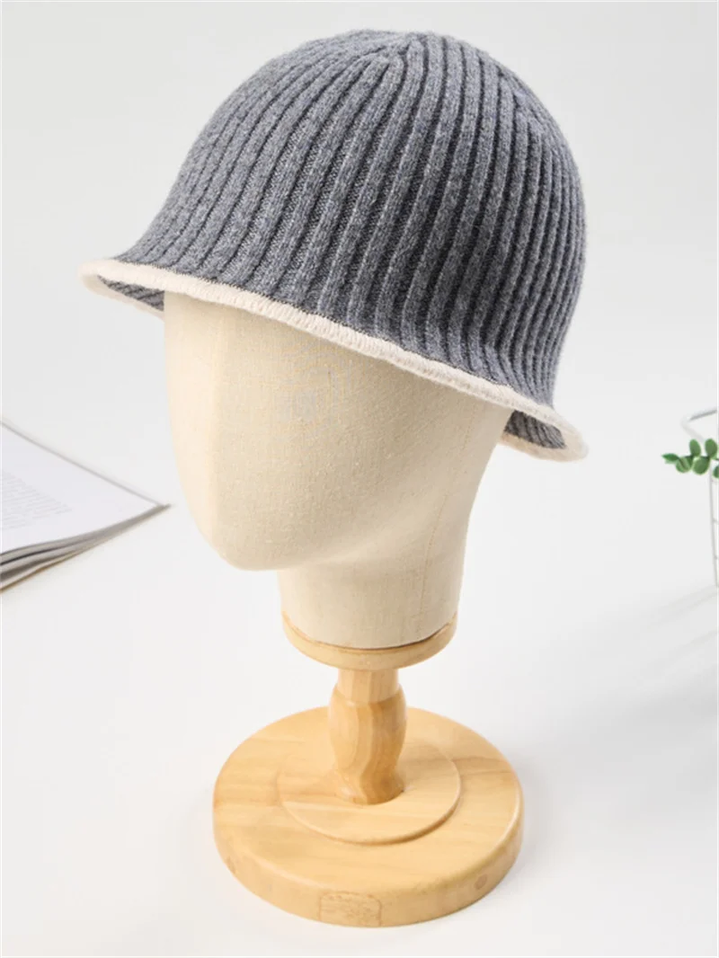 3 Colors Women 100% Wool Bead Decorative Edge Knitted Hat Versatile Warm Pit Striped Ladies Fisherman Hat 2025 Autumn Winter