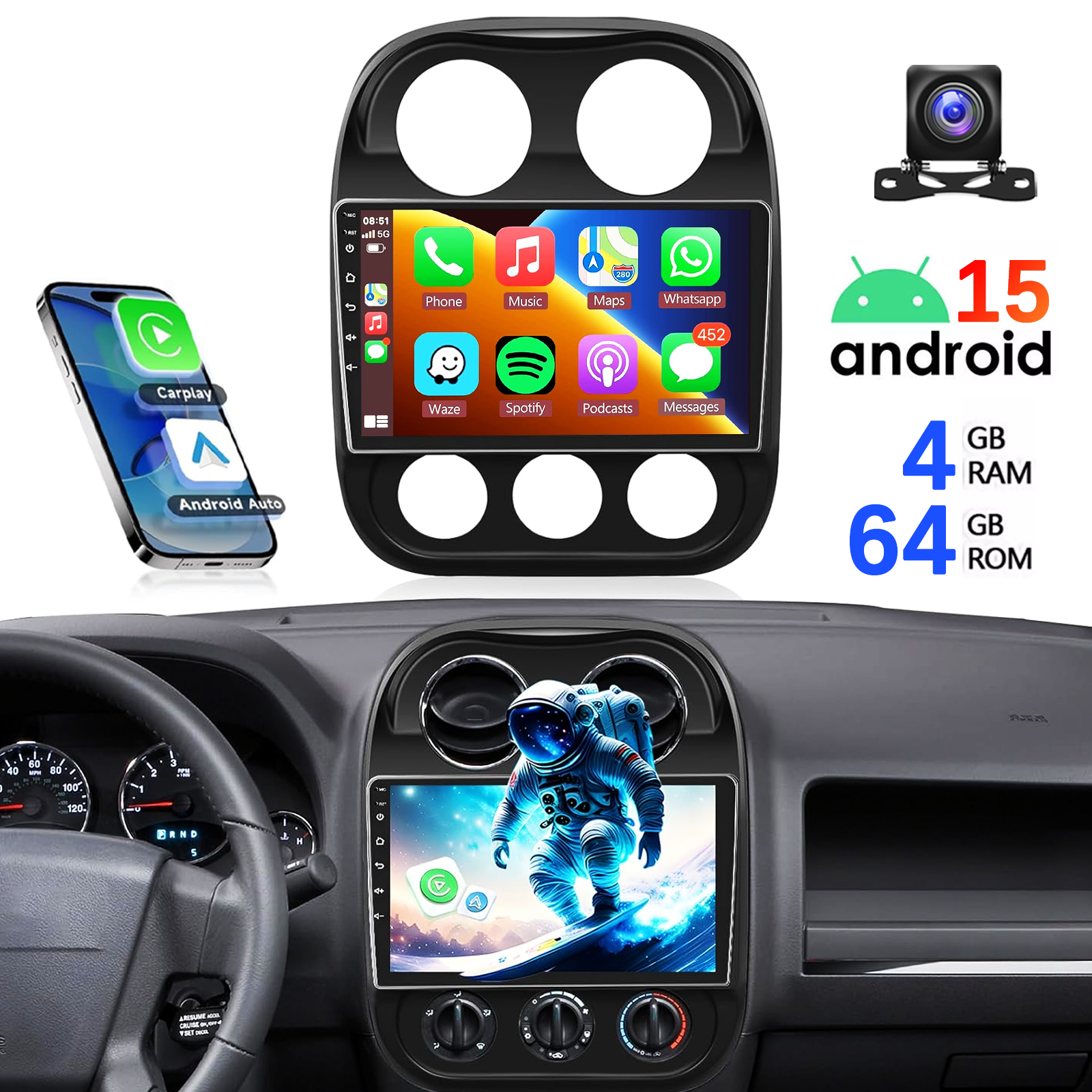 アンドロイド 15 Carplay ジープコンパスパトリオット 2010 2011 2012 2013 2014 2015 2016 カーラジオマルチメディアプレーヤーステレオヘッドユニット 2din