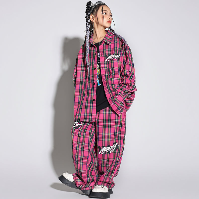 子供ヒップホップ服ピンクチェック柄オーバーサイズシャツカジュアルワイドだぶだぶのパンツストリートガールズボーイズジャズダンス衣装服