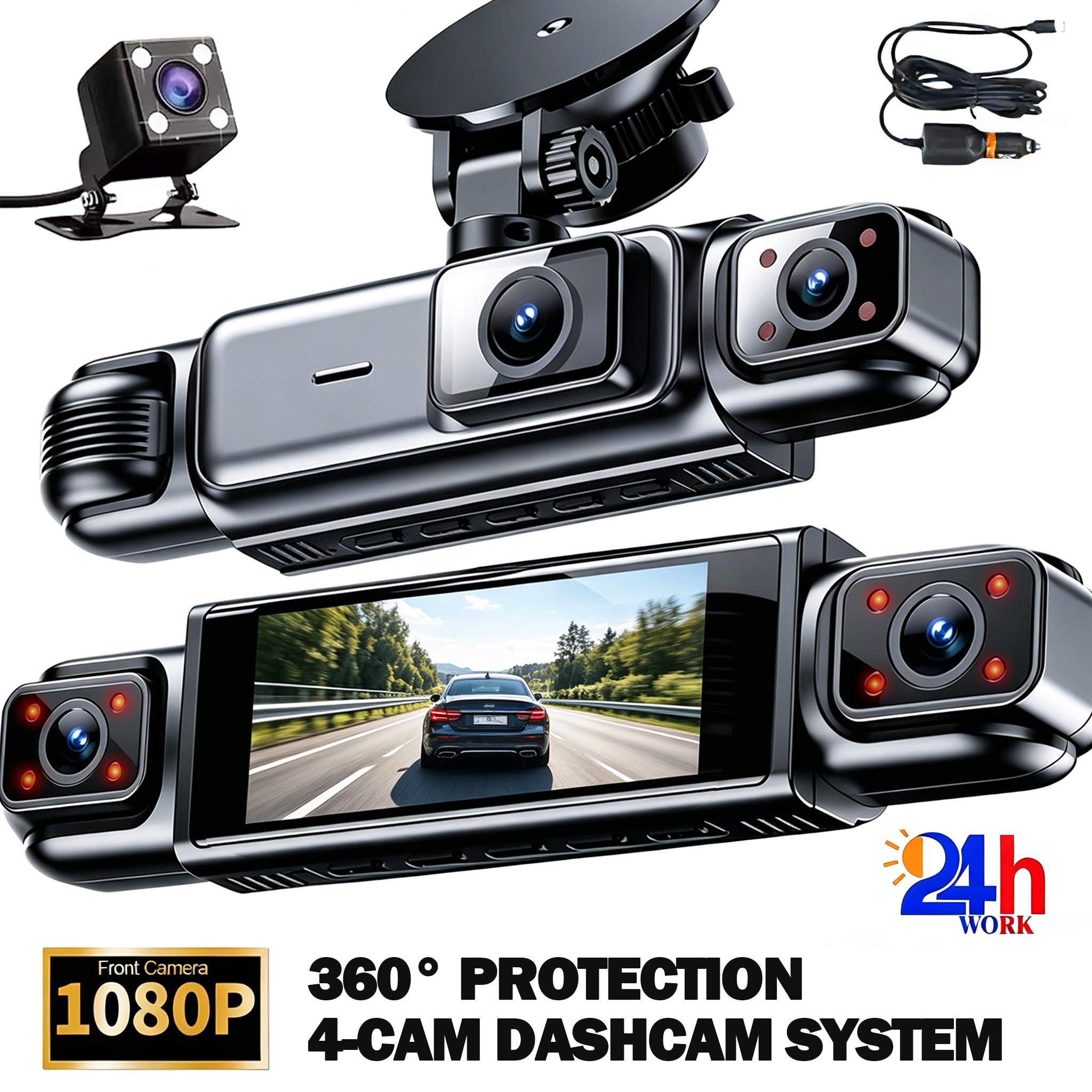 4 チャンネル 360° ダッシュカム ブラックボックス 車用ビデオレコーダー DVR カメラ FHD 1080P ナイトビジョンループ録画 24 時間駐車モニター