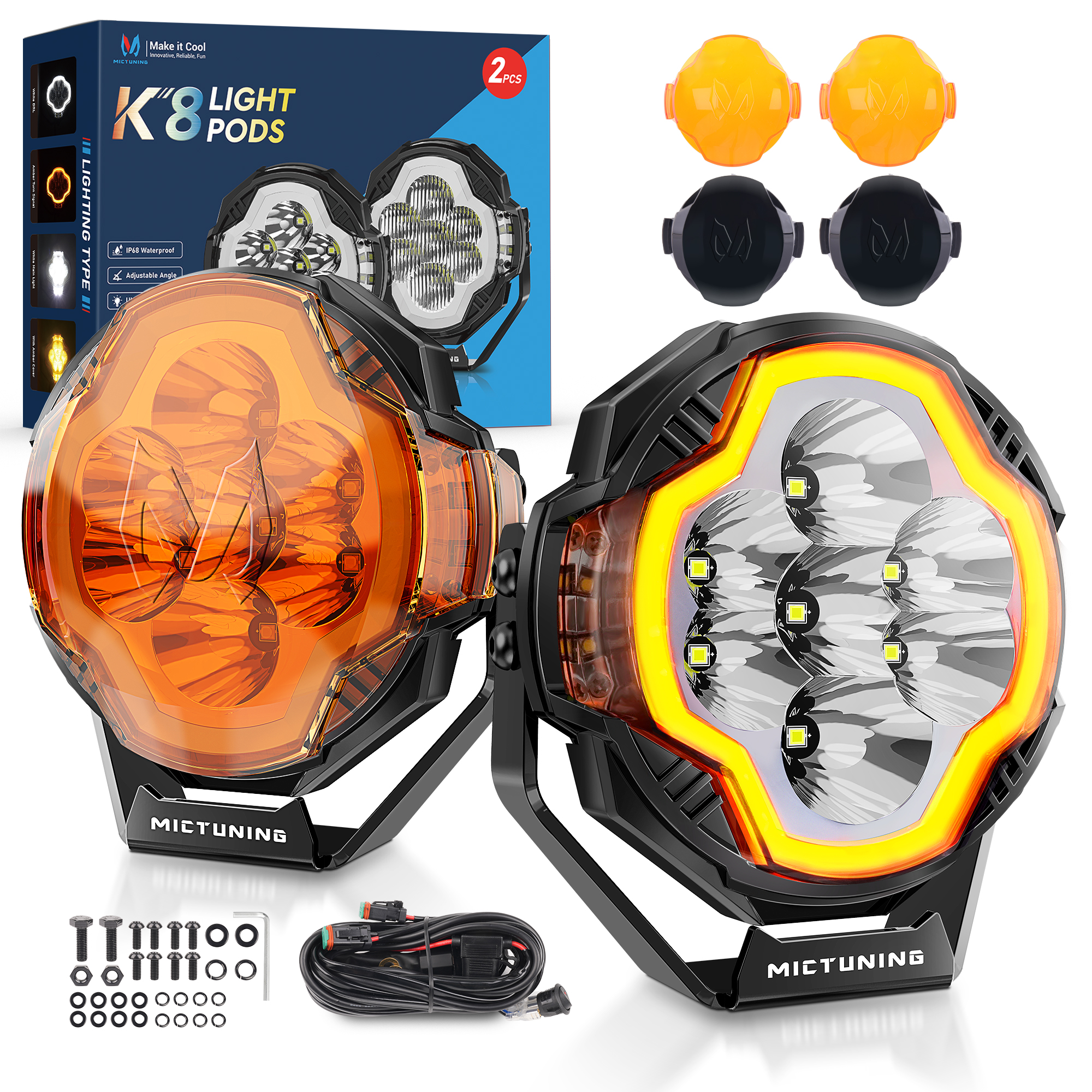 MICTUNING K8 LED ポッドライト 5 インチ、オフロードスポットビーム、ホワイトアンバー DRL スタートアップフロー、IP68 防水トラック車用