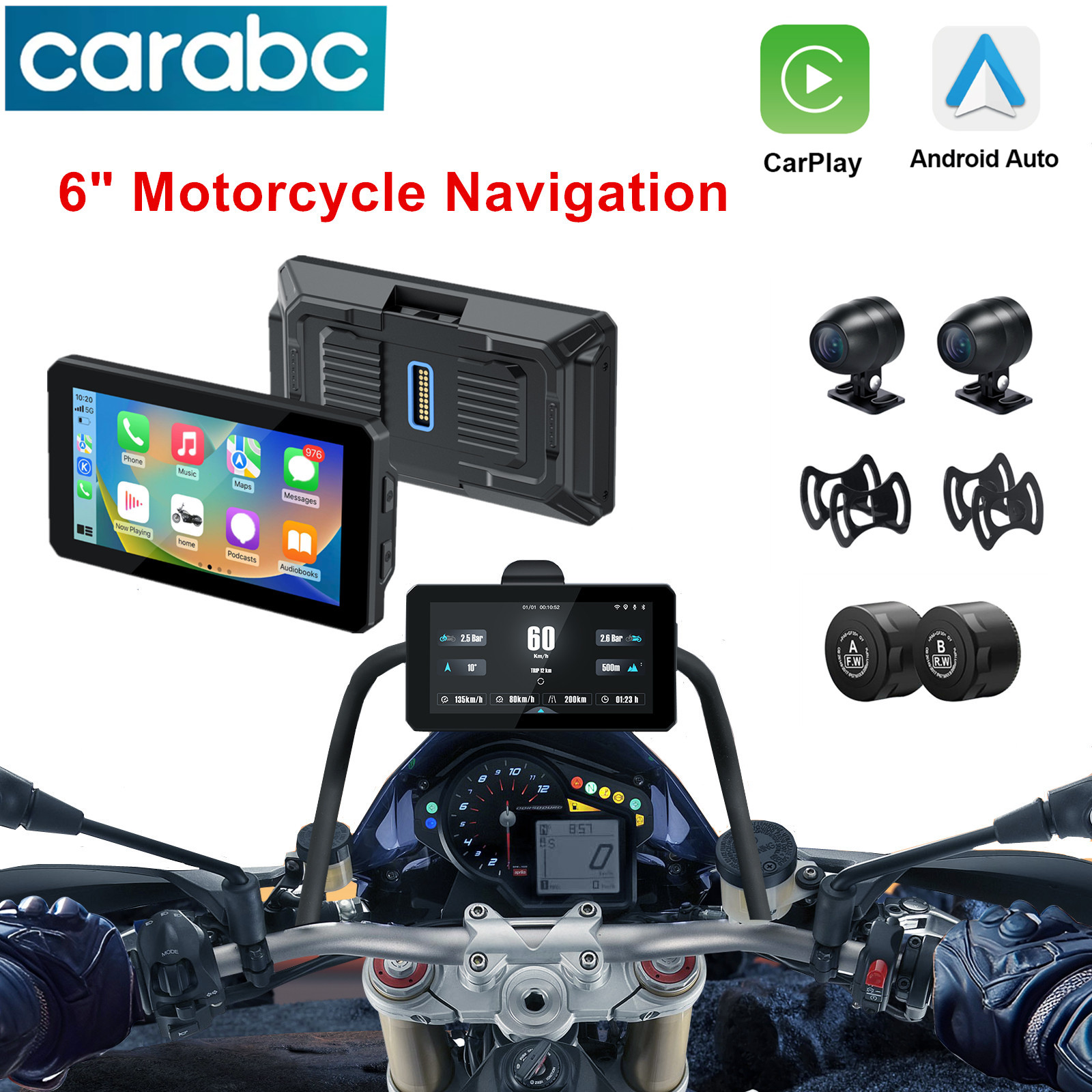 ポータブル 6 インチオートバイ GPS ナビゲーションワイヤレス Carplay Android オート IP68 防水 DVR ドライブレコーダー Moto TPMS