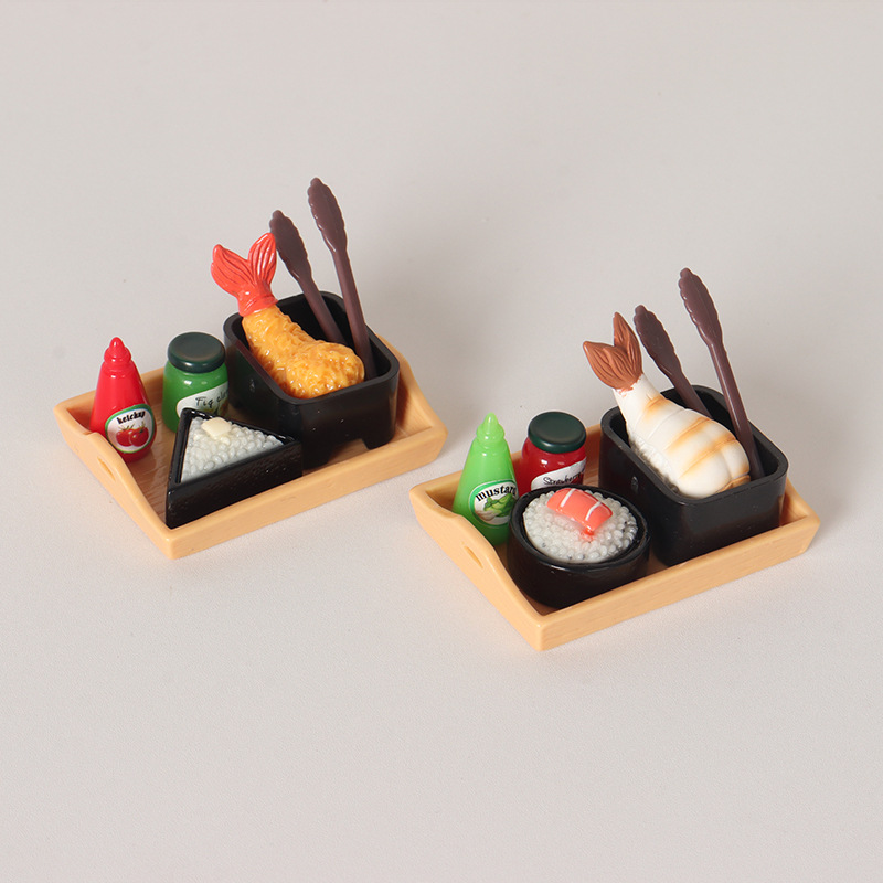 ミニ日本天ぷらおにぎり食品遊びセット、ドールハウス寿司ソースアクセサリー、OB11 ジオラマレイアウト用ミニチュア料理小道具
