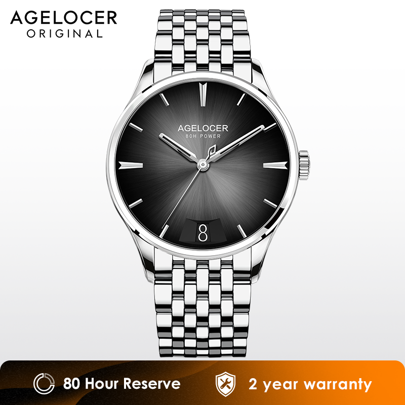 AGELOCER オリジナルブダペスト腕時計スチールストラップメンズビジネスドレスビッグカレンダー自動機械式時計男性への誕生日プレゼント