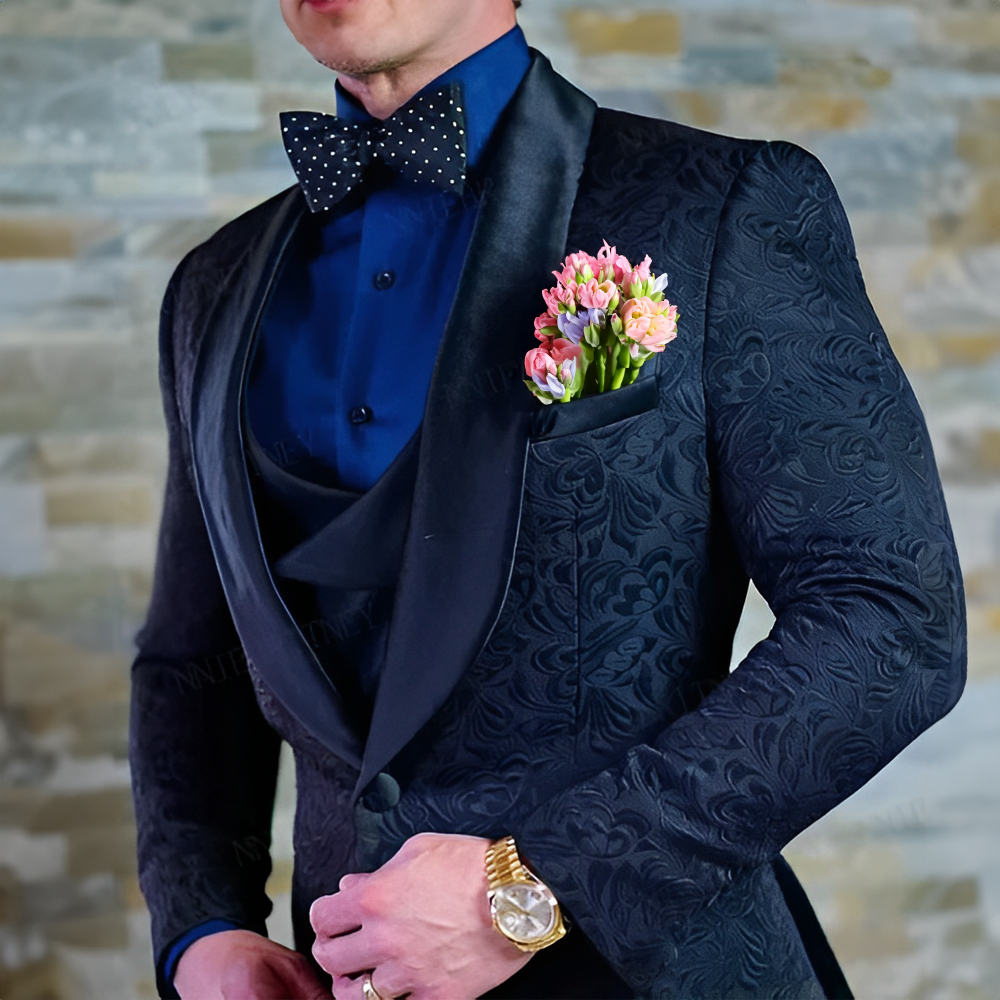 ネイビーブルーメンズスーツジャカードジャケットパンツベスト 3 点セットフォーマル結婚式新郎のタキシードファッション 2024 ブレザーエレガントな男性スーツ