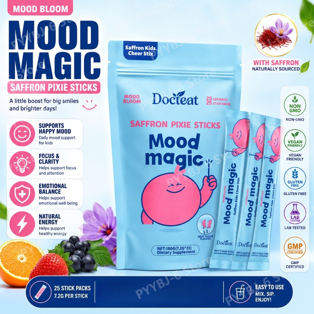 Docteat サフラン ピクシー スティック キッズ パウダー 25 回分 パッションフラワー レモンバーム エキス ビタミン D マグネシウム 不快な味なし
