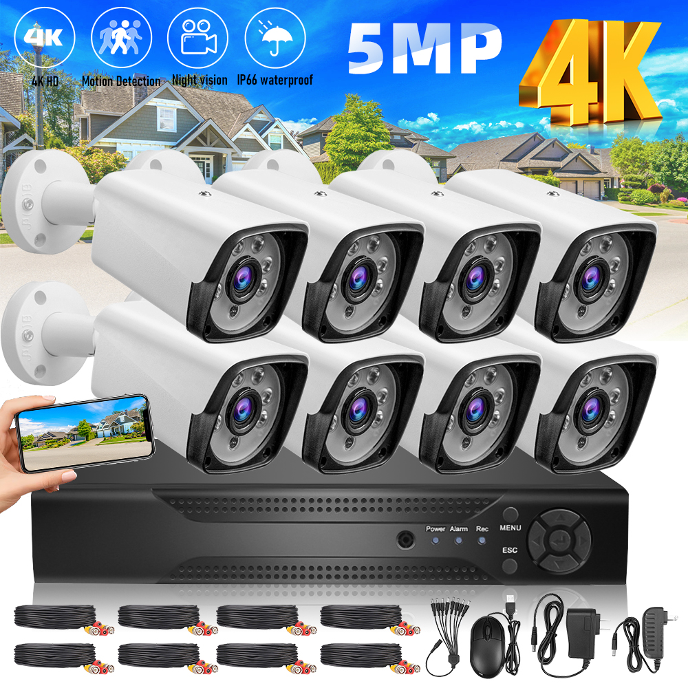 8CH 4K 5MP AHD CCTV セキュリティカメラシステム H.265 有線 DVR キット 8 個屋外 IP66 防水弾丸カメラナイトビジョンモーション検出リモート電話ビューホーム監視セット
