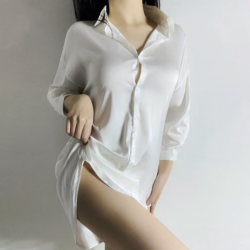 夏寝間着セクシーなパジャマボーイフレンド白シャツパジャマ長袖女性パジャマスパースター Mujer ファッションネグリジェランジェリー