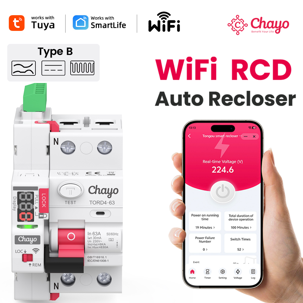 Wifi Tuya RCD RCCB 2P タイプ B 63A 30mA 10KA 230V、EV 充電用の過電圧/不足電圧保護付き WiFi スマート自動再閉路