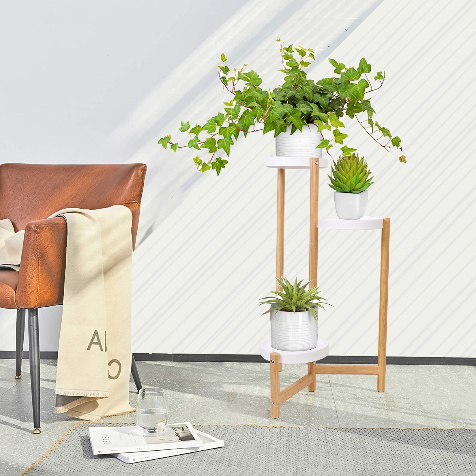 竹製植物スタンド 屋内用、3段背の高いコーナー植物スタンドホルダー