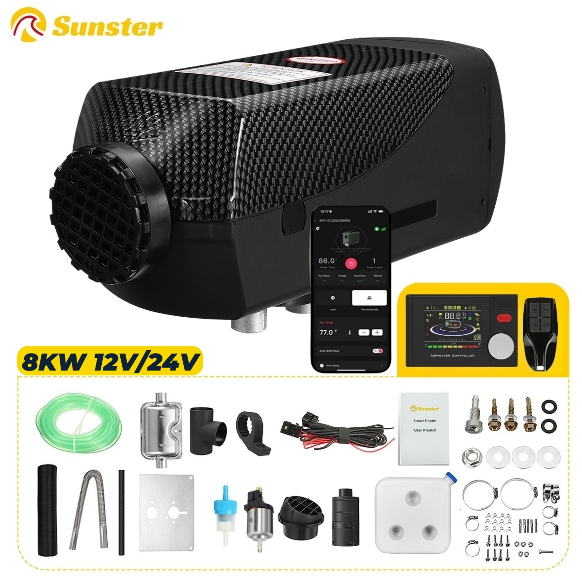 Sunster 8KW ディーゼルエアヒーター 12V 24V 低ノイズカーパーキングヒーター LCD パネル付き