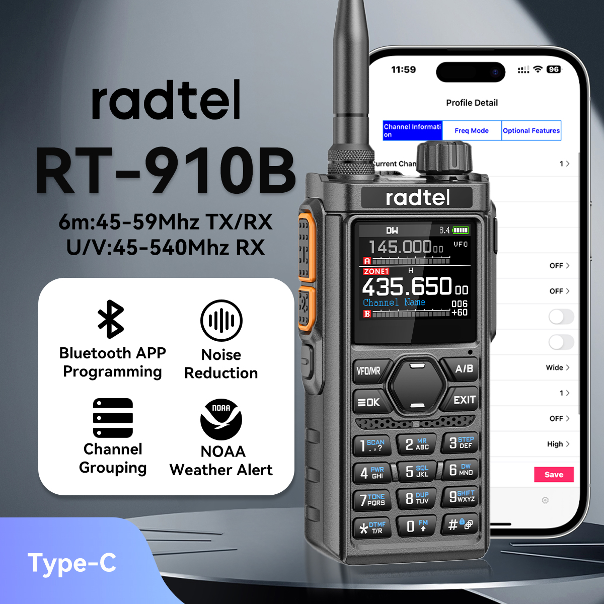 Radtel RT-910B Bluetooth アプリプログラミングとノイズリダクションアマチュア無線 45-59Mhz TX RX トランシーバーエアバンド NOAA 警察海兵隊