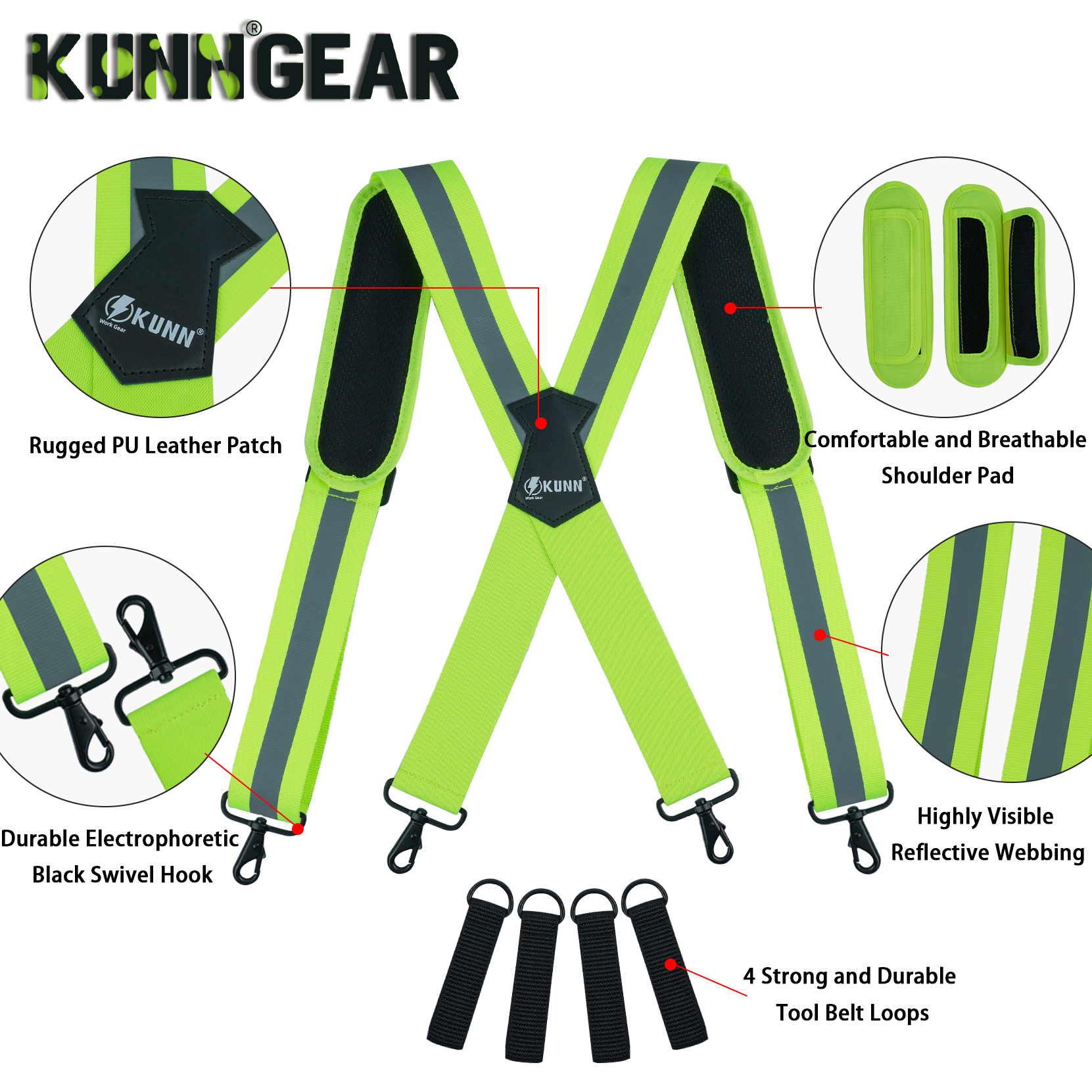 KUNN Hi-Vis ツールベルトサスペンダー 高耐久反射安全作業サスペンダー 取り外し可能なパッド入りショルダー付き ツールベルトループ 4個