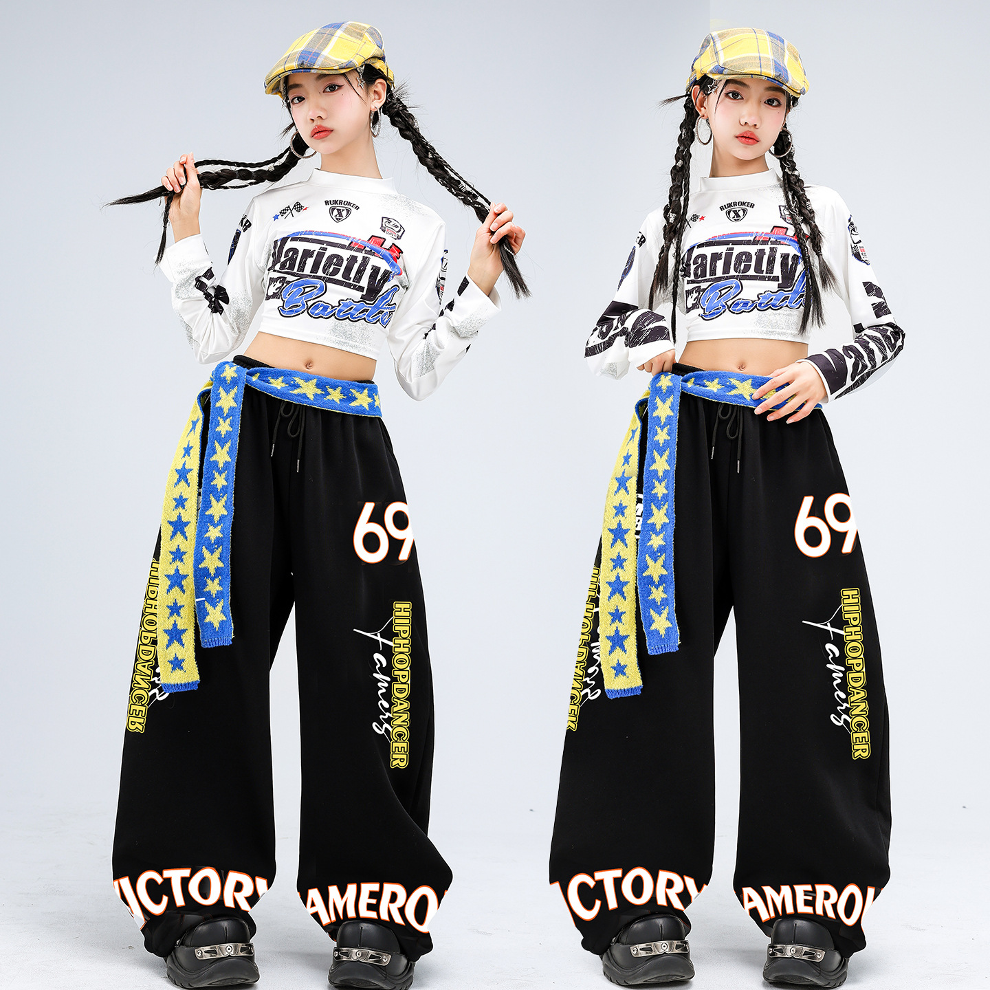 Kid Kpop Hip Hop Clothing White Letters Print Long Sleeve Crop T Shirt Black Sweat Pants for Girls Street Dance Costumes Clothes