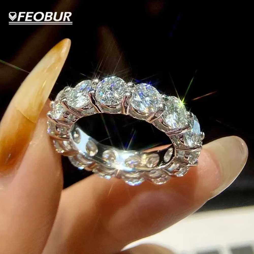 FEOBUR 5 ミリメートル D カラーモアッサナイトリング証明書付き女性 S925 スターリングシルバーフルダイヤモンドエタニティバンドウェディングジュエリーギフト